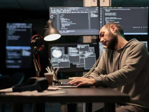 Software engineer talking on landline phone call